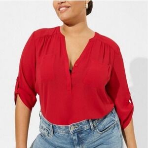 Torrid Womens Plus Size 1 Red Rayon 3/4‎ Roll Tab Sleeve Henley Blouse Top EUC